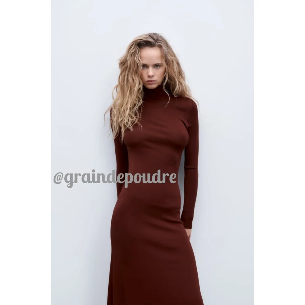 Rare! Zara Chocolate Brown Mock Neck Back Cutout Slit Knit Maxi Swing Dress S - Picture 2 of 6